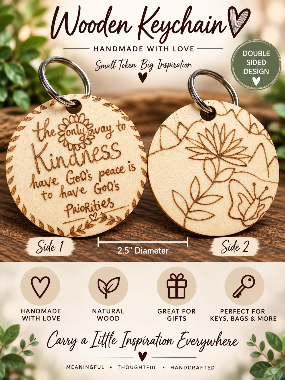 A181. Double-Sided Wooden Keychain Cream & Brown NWT